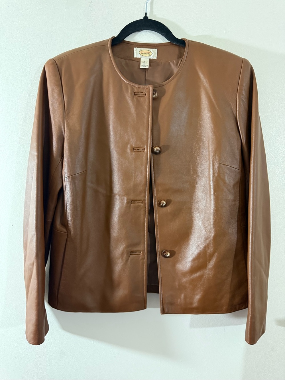 Vintage Talbots Cognac Brown Leather Collarless Jacket Size 6
